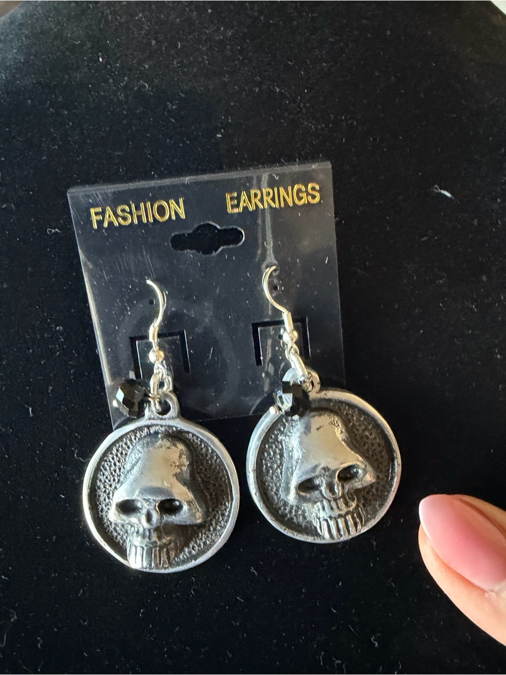 Silver Skull Drop Earrings - Black Accent